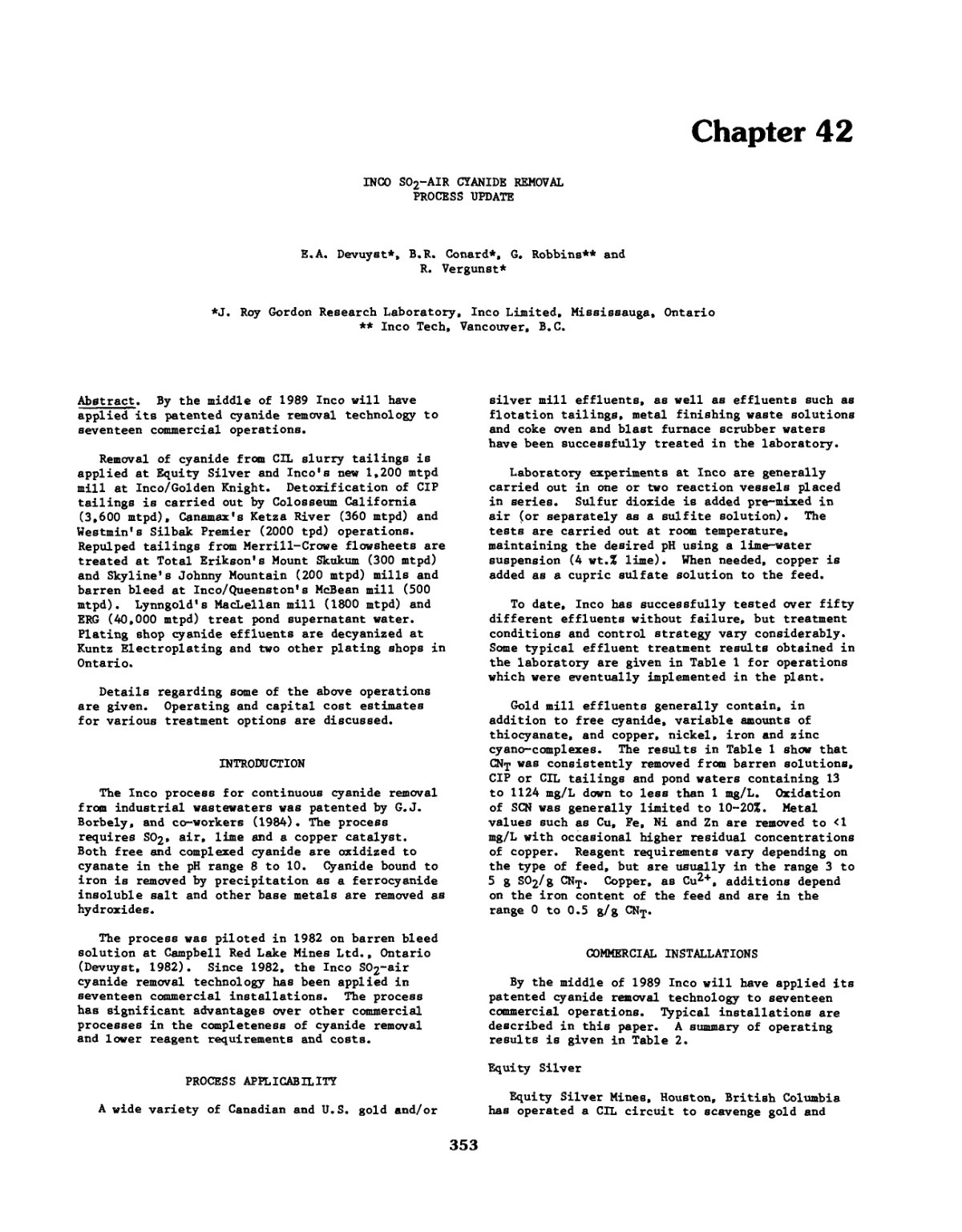 First page of INCO SO2 Air Cyanide Removal Process Update