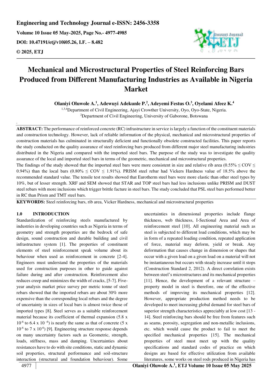 First page of Mechanical and Microstructural Properties of Steel Reinforcing Bars  Produced from Different Manufacturing Industries as Available in Nigeria  Market  