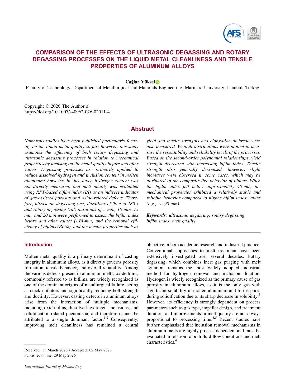 First page of COMPARISON OF THE EFFECTS OF ULTRASONIC DEGASSING AND ROTARY DEGASSING PROCESSES ON THE LIQUID METAL CLEANLINESS AND TENSILE PROPERTIES OF ALUMINUM ALLOYS