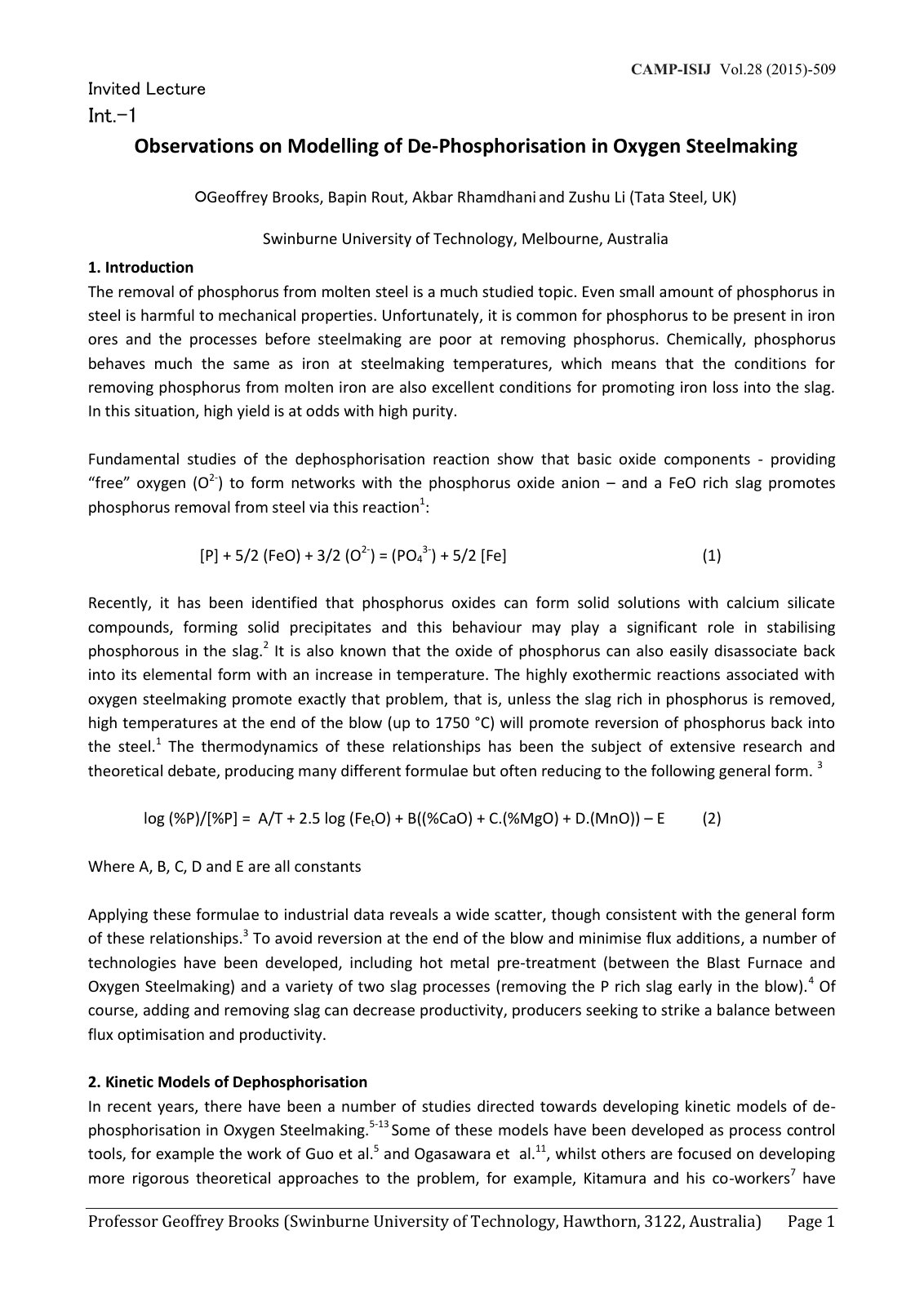 First page of Observations on Modelling of De-Phosphorisation in Oxygen Steelmaking