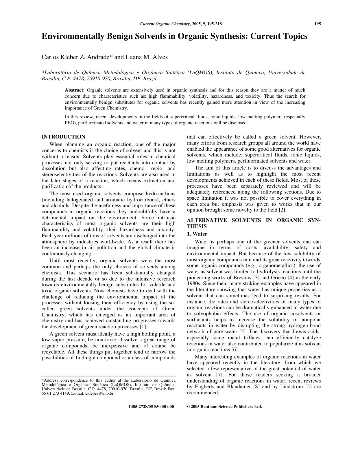 First page of Environmentally Benign Solvents in Organic Synthesis: Current Topics