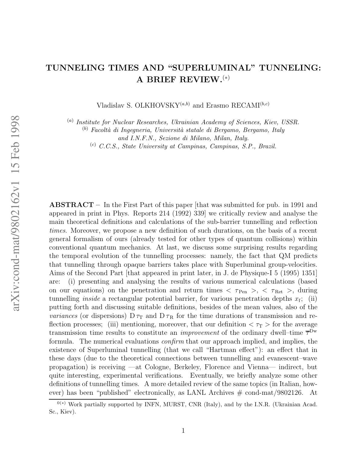 First page of Tunneling Times and Superluminal Tunneli