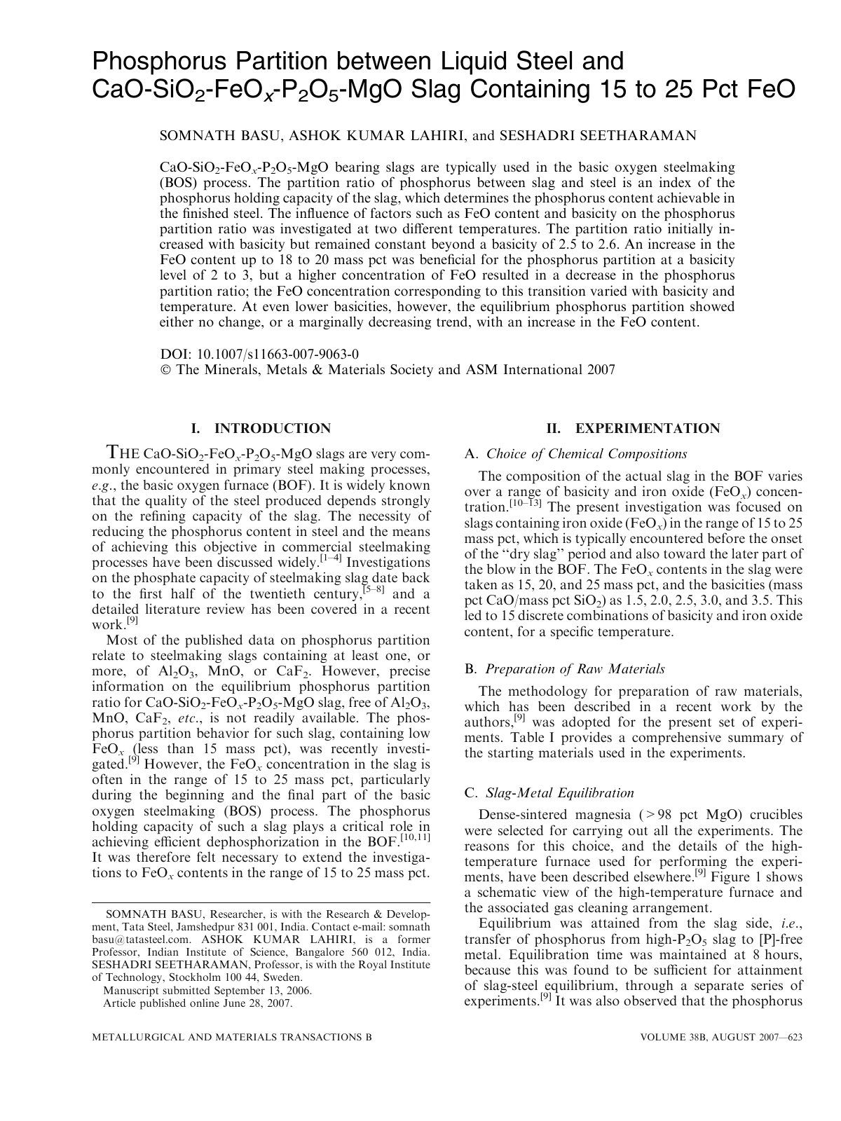 First page of Phosphorus Partition between Liquid Steel and CaO-SiO2-FeOx-P2O5-MgO Slag Containing 15 to 25 Pct FeO