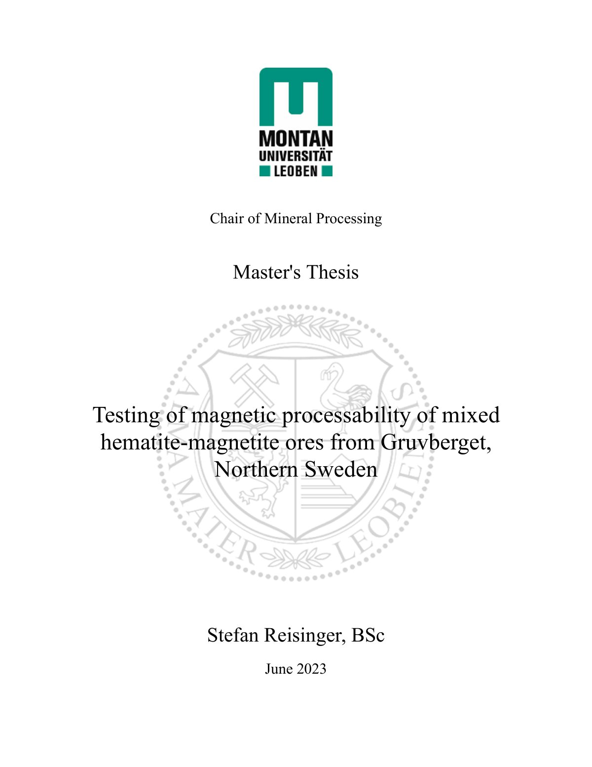 First page of Testing of magnetic processability of mixed hematite-magnetite ores from Gruvberget, Northern Sweden