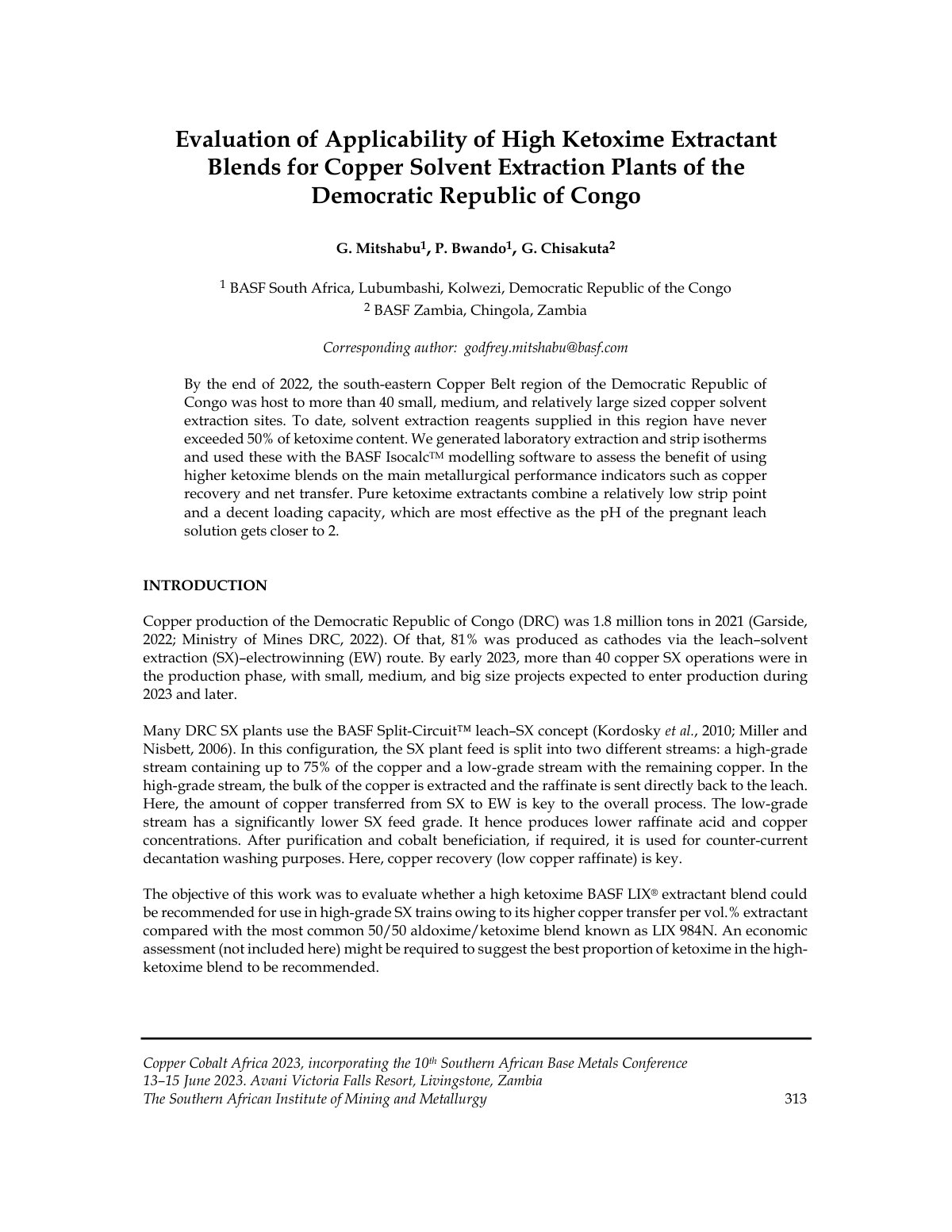 First page of Evaluation of Applicability of High Ketoxime Extractant Blends for Copper Solvent Extraction Plants of the Democratic Republic of Congo