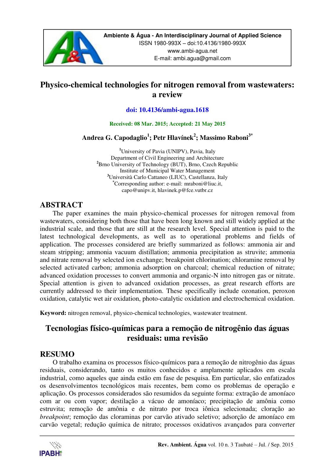 First page of Physico chemical technologies for nitrog