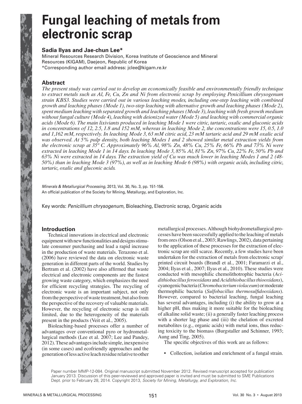 First page of Fungal leaching of metals from electronic scrap