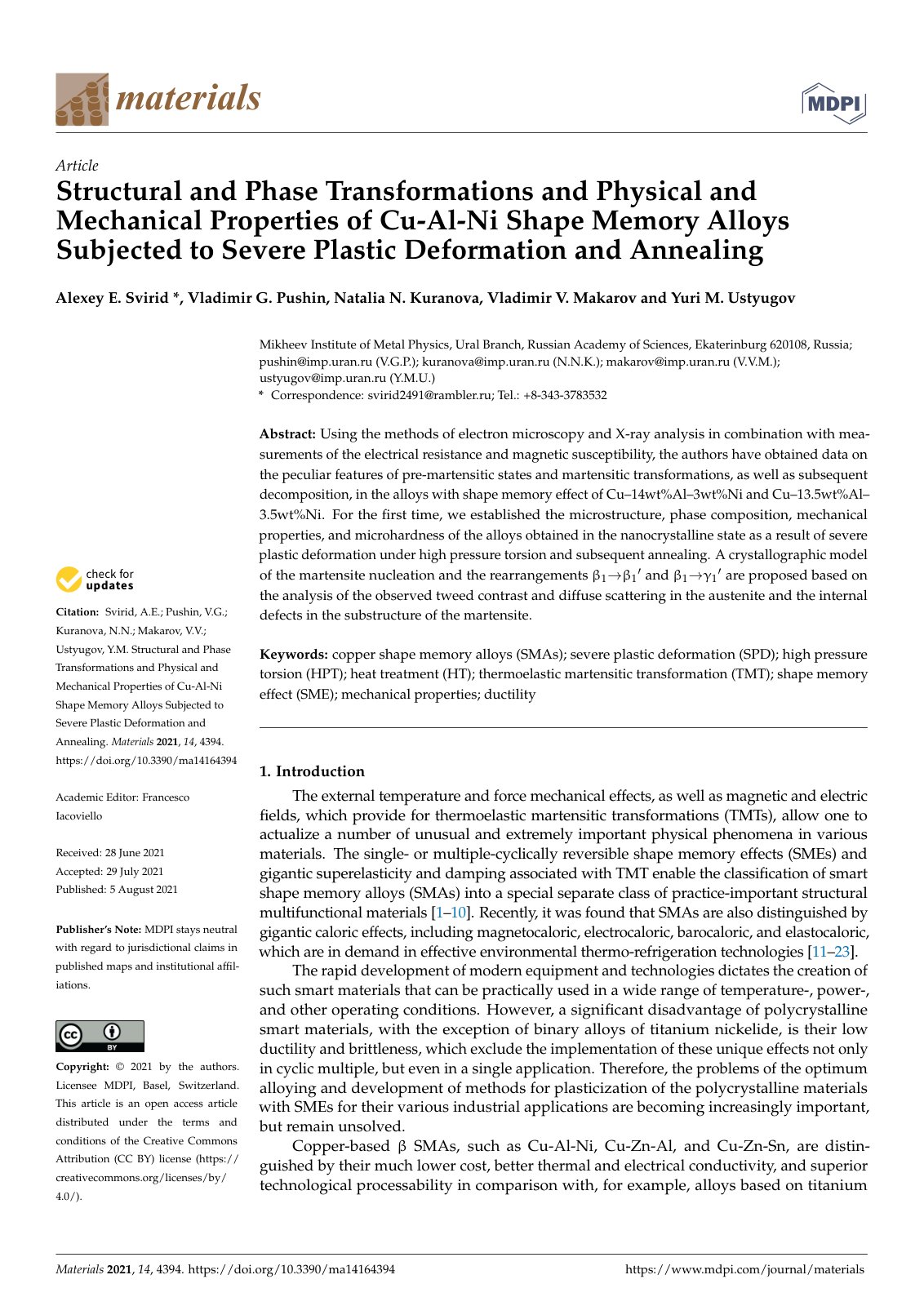 First page of Structural and Phase Transformations and Physical and Mechanical Properties of Cu-Al-Ni Shape Memory Alloys Subjected to Severe Plastic Deformation and Annealing