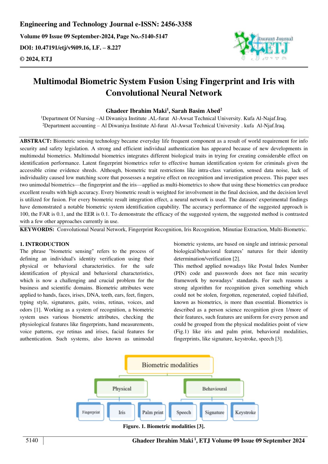 First page of Multimodal Biometric System Fusion Using Fingerprint and Iris with 