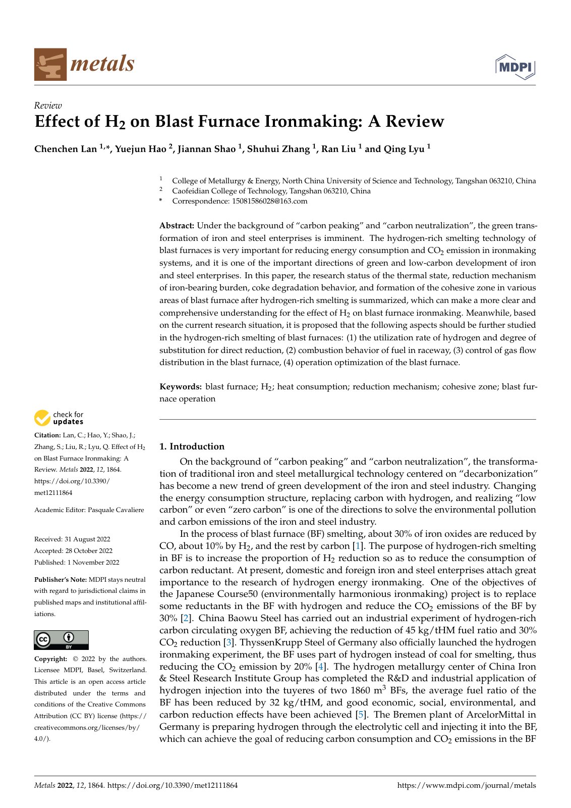 First page of Effect of H2 on Blast Furnace Ironmaking: A Review