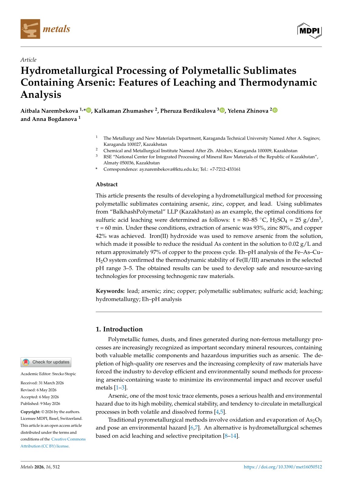 First page of 2026   Narembekova   Polymetallic Sublimate Leaching and Thermodynamics