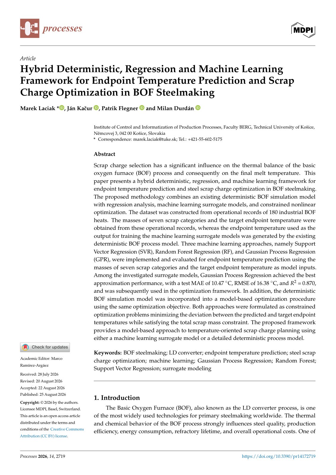 First page of Hybrid Deterministic, Regression and Machine Learning Framework for Endpoint Temperature Prediction and Scrap Charge Optimization in BOF Steelmaking