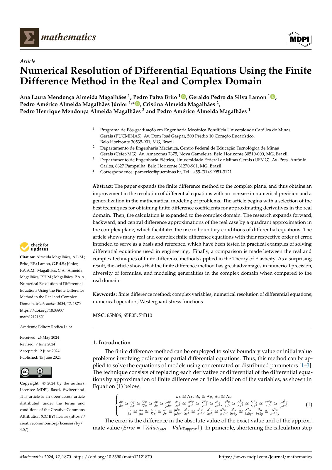 First page of Numerical Resolution of Differential Equations Using the Finite Difference Method in the Real and Complex Domain