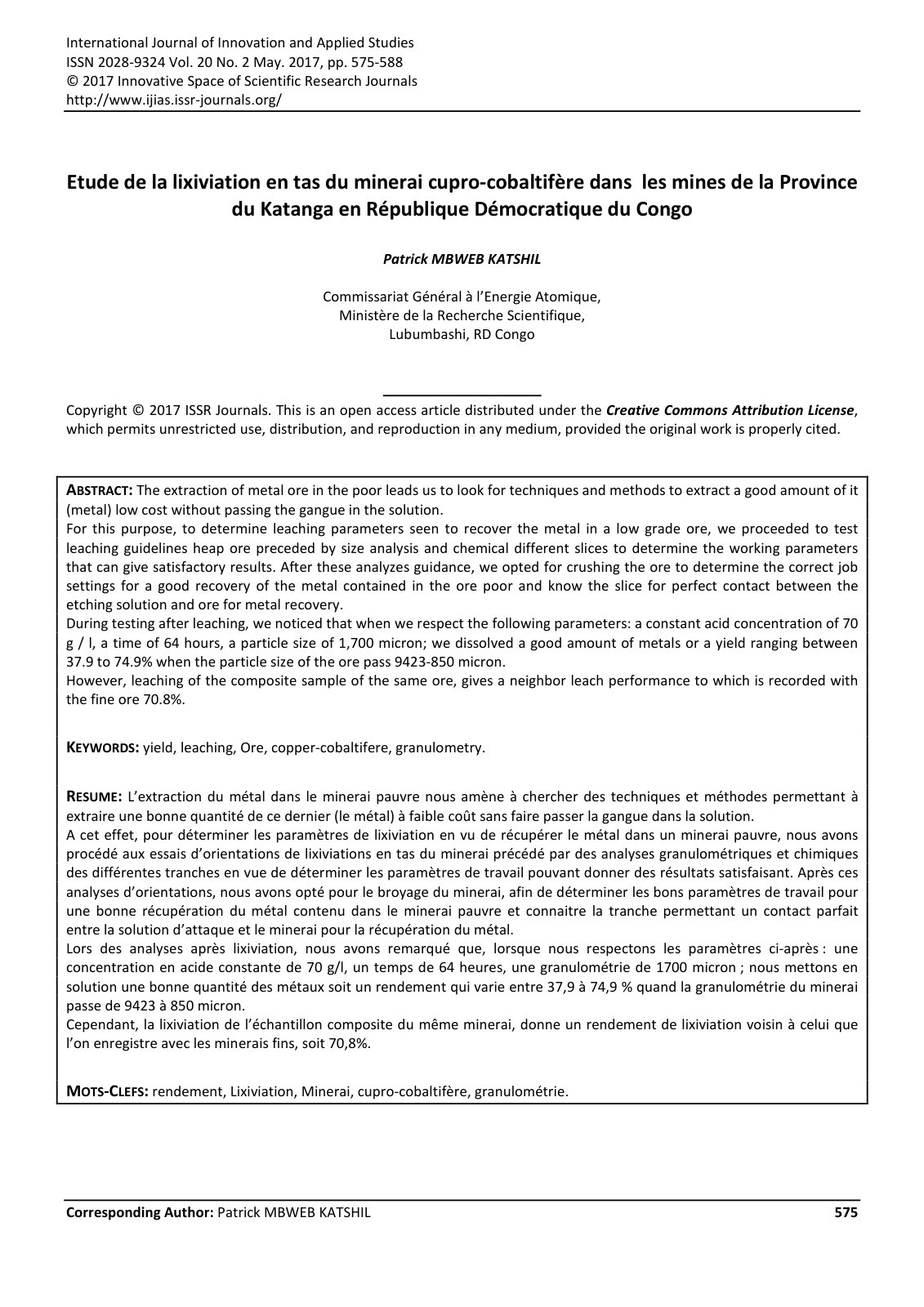 First page of Etude de la lixiviation en tas du minerai cupro-cobaltifère dans les mines de la Province du Katanga en République Démocratique du Congo