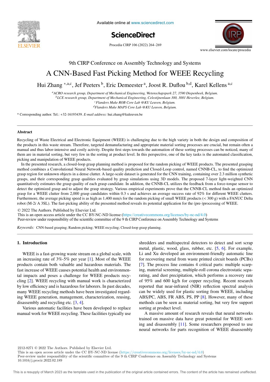 First page of A CNN Based Fast Picking Method for WEEE Recycling 2022 Procedia CIRP