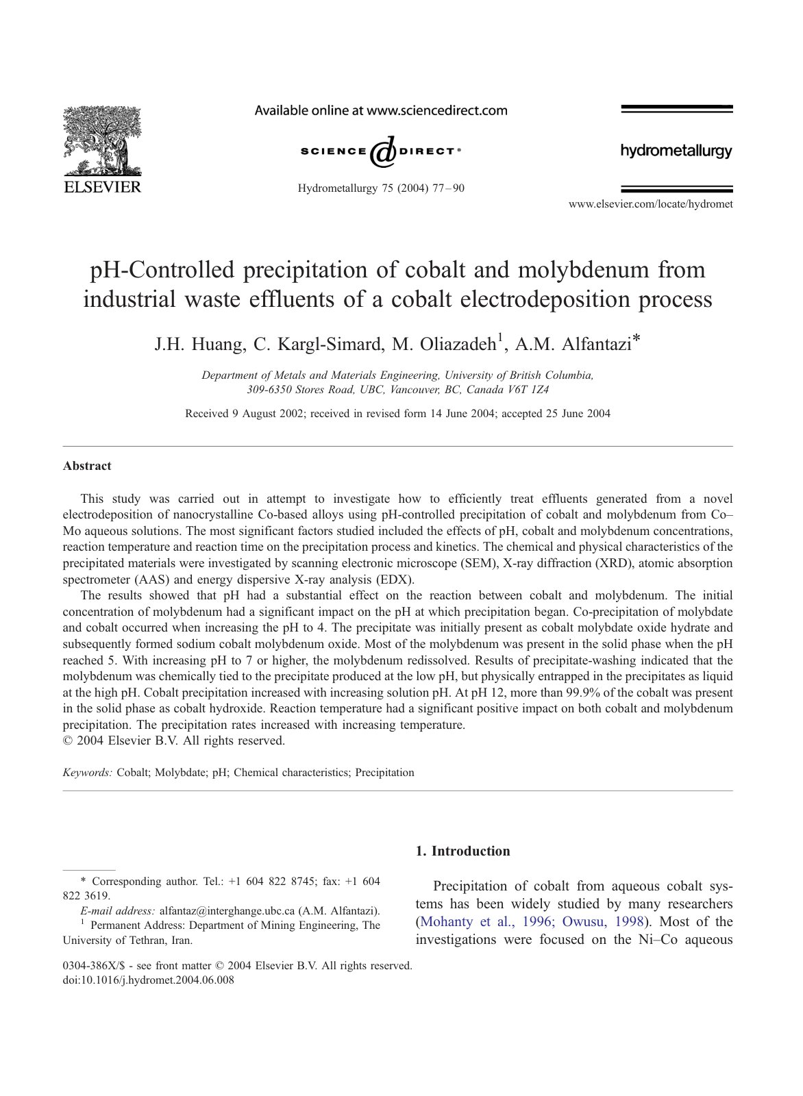 First page of pH Controlled precipitation of cobalt an