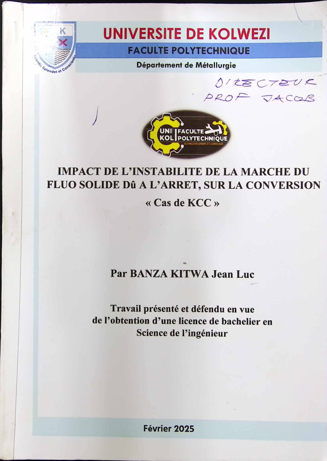 First page of IMPACT DE L'INSTABILITE DE LA MARCHE DU FLUO SOLIDE Dû A L'ARRET, SUR LA CONVERSION « Cas de KCC »