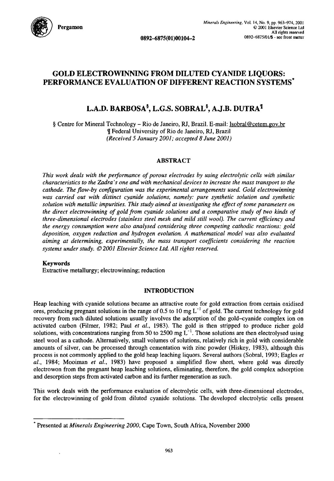 First page of GOLD ELECTROWINNING FROM DILUTED CYANIDE LIQUORS: PERFORMANCE EVALUATION OF DIFFERENT REACTION SYSTEMS
