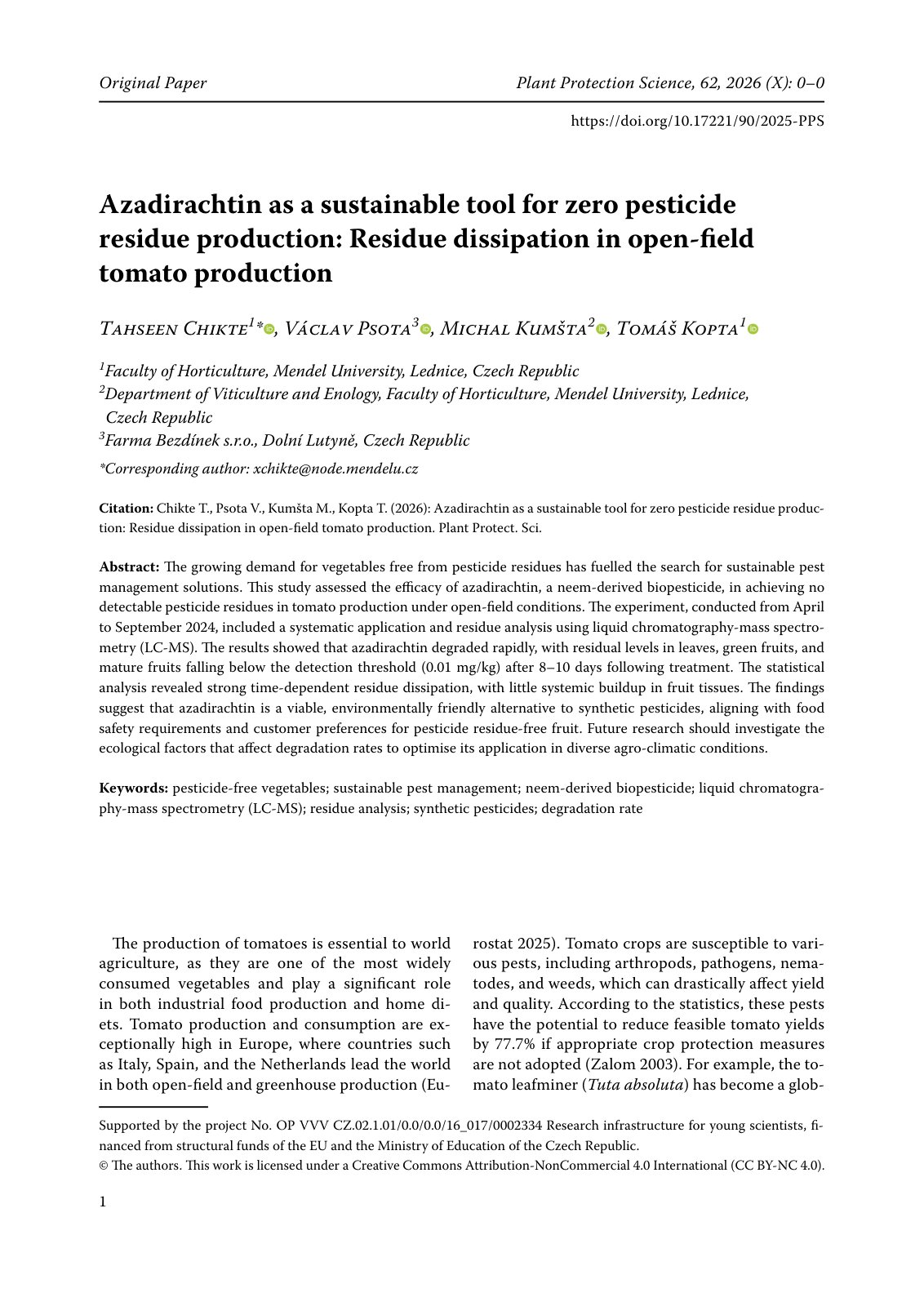 First page of Azadirachtin as a sustainable tool for zero pestic