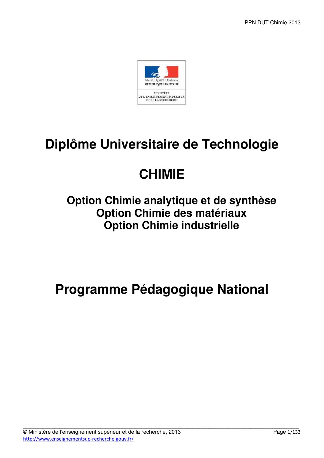 First page of Option Chimie analytique et de synthese