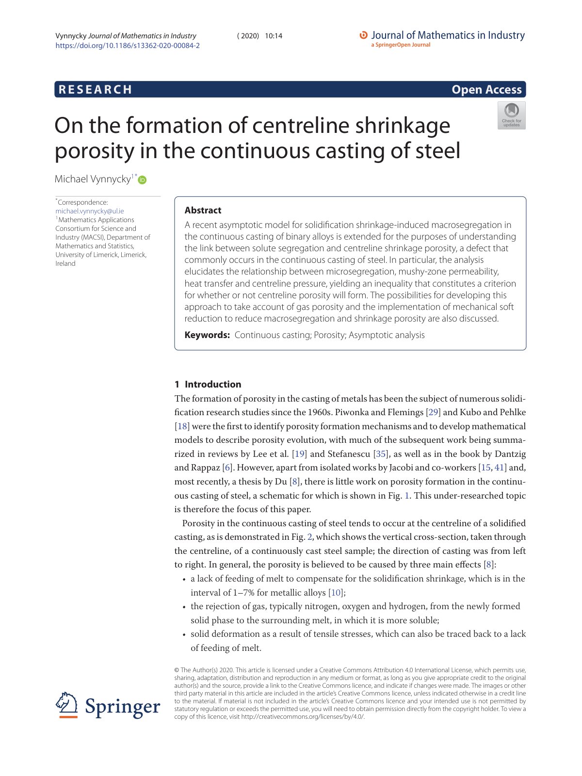 First page of Ontheformationofcentrelineshrinkage porosityinthecontinuouscastingofsteel