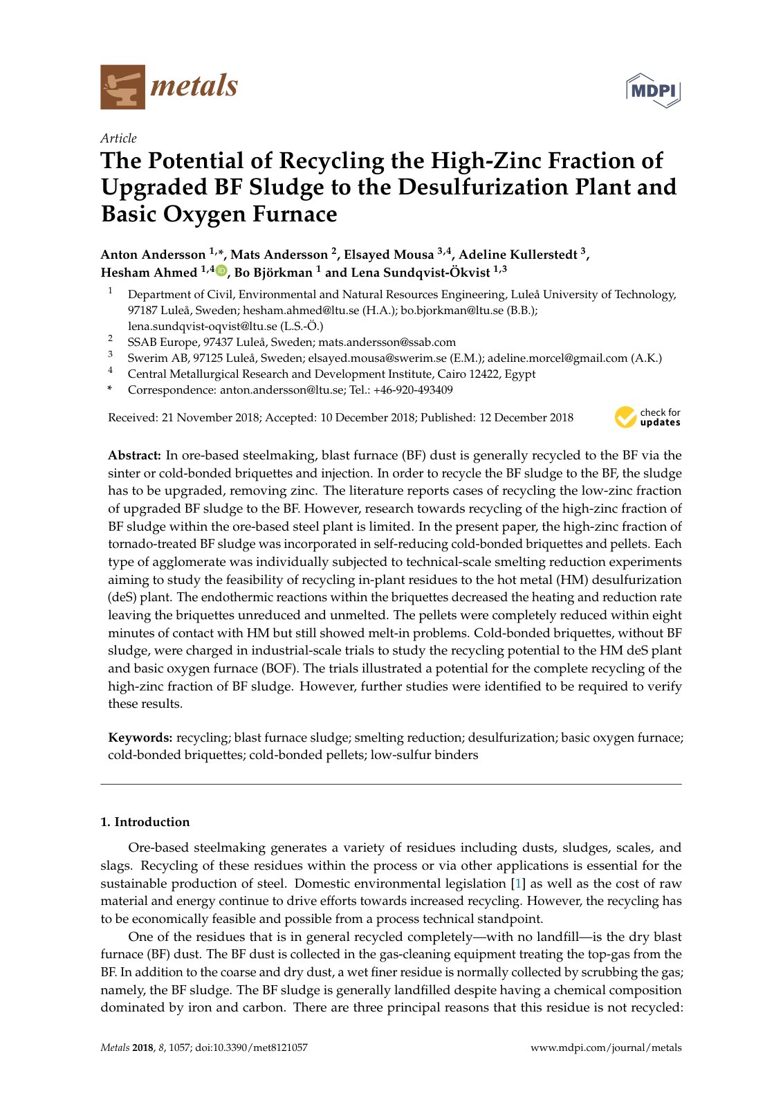 First page of The Potential of Recycling the High-Zinc Fraction of Upgraded BF Sludge to the Desulfurization Plant and Basic Oxygen Furnace