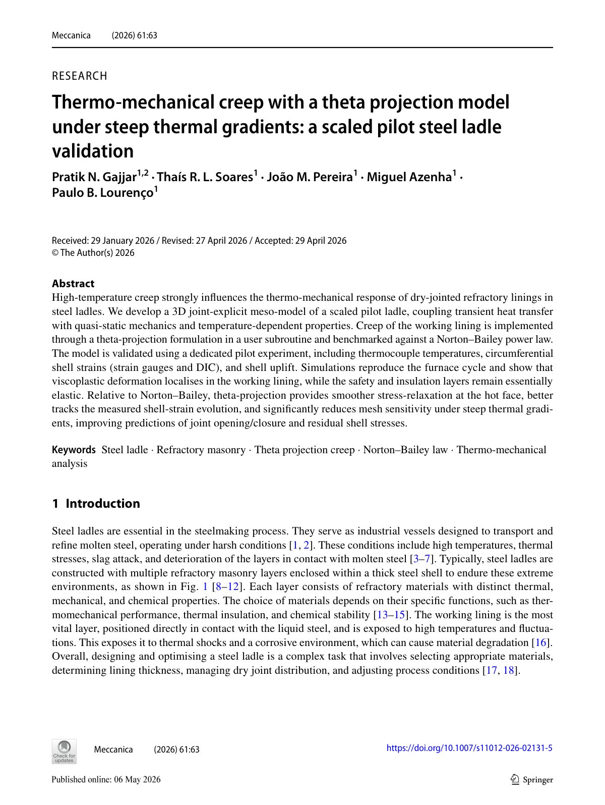 First page of Thermo‑mechanical creep with a theta projection model under steep thermal gradients: a scaled pilot steel ladle validation