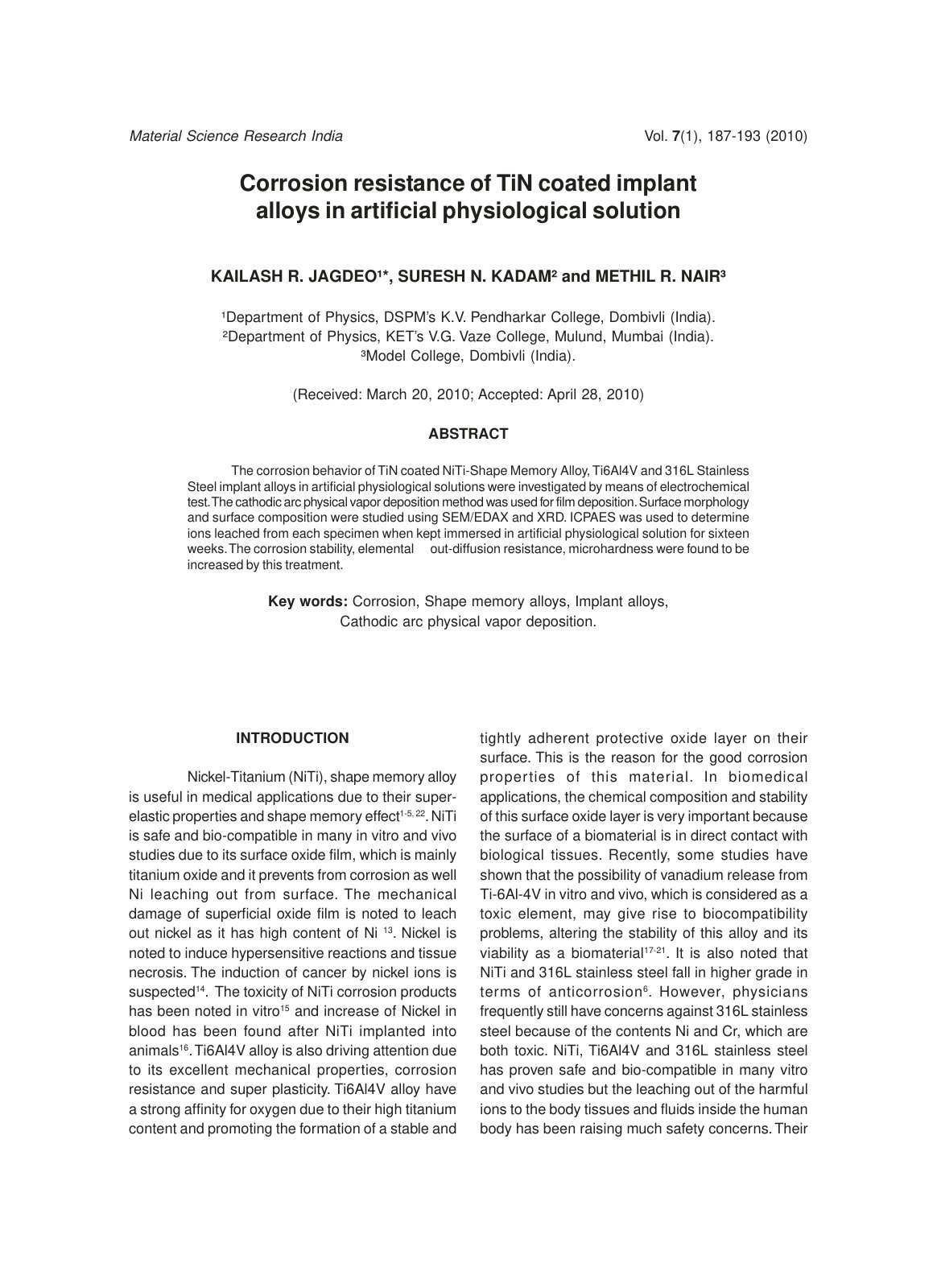 First page of Corrosion resistance of TiN coated implant alloys in artificial physiological solution
