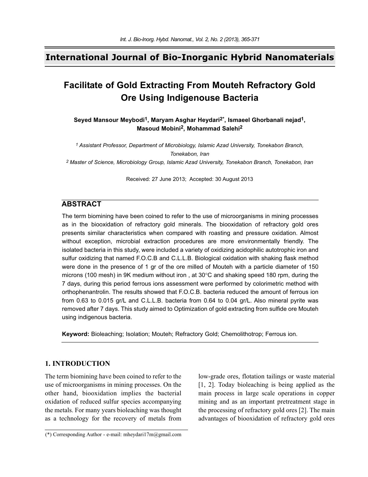 First page of Facilitate of Gold Extracting From Moute
