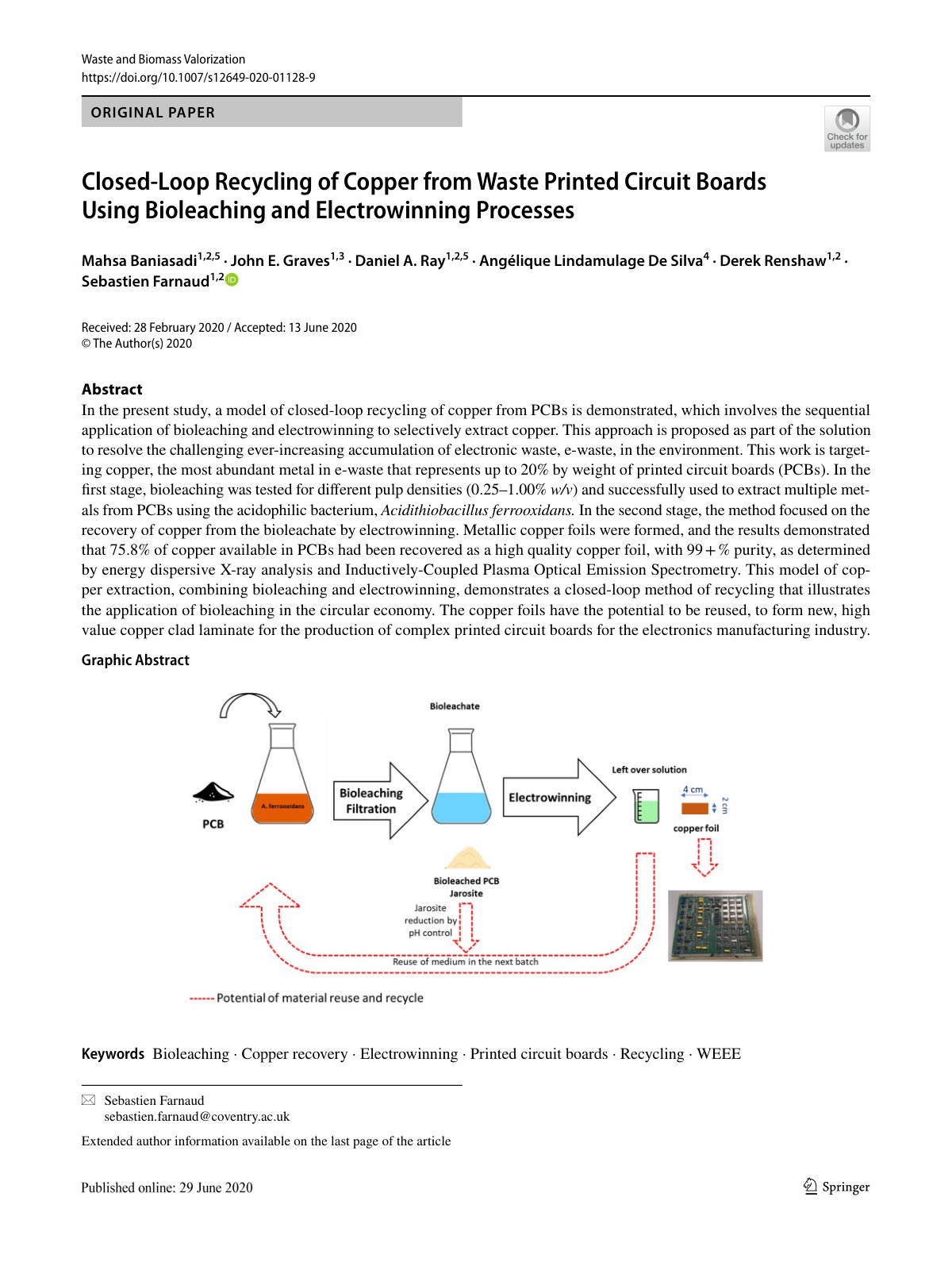 First page of Closed Loop Recycling of Copper from Was