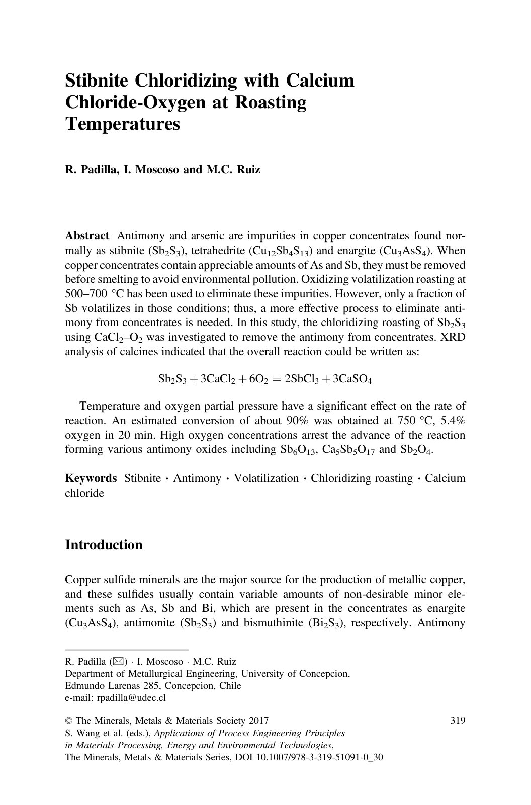First page of Stibnite Chloridizing with Calcium Chloride-Oxygen at Roasting Temperatures