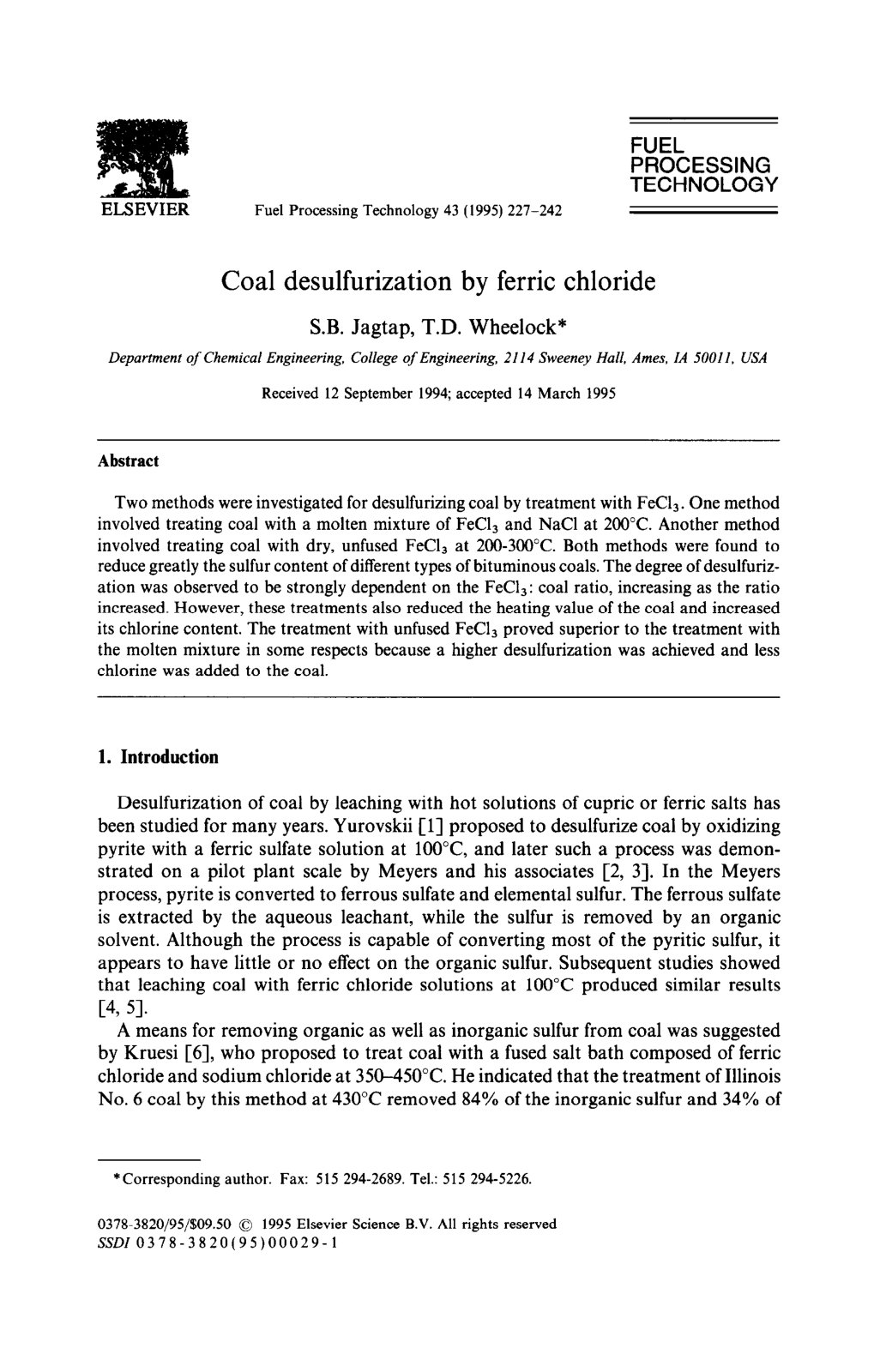 First page of Coal desulfurization by ferric chloride