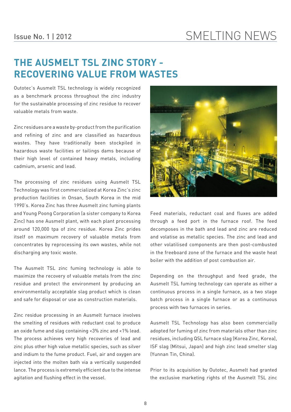 First page of 2012 issue1 the ausmelt tsl zinc story recovering 