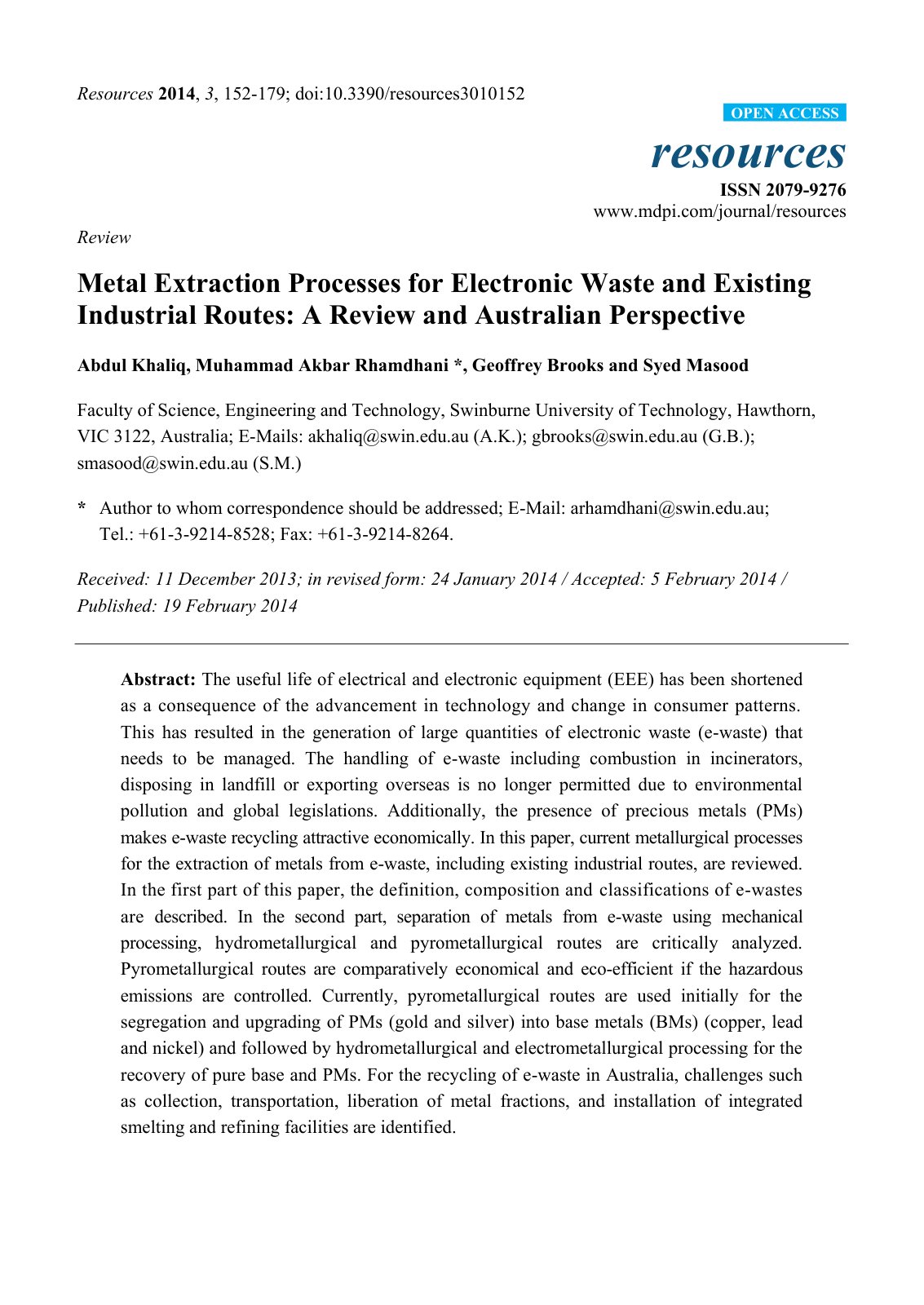 First page of Metal Extraction Processes for Electroni