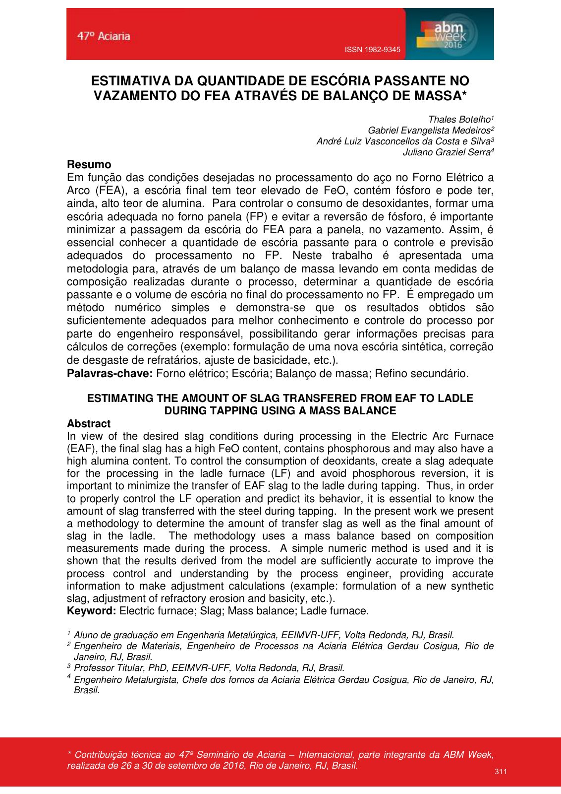 First page of Estimativa da quantidade de escória passante no vazamento do FEA através de balanço de massa