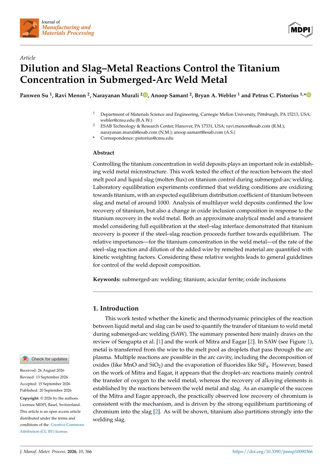 First page of Dilution and Slag–Metal Reactions Control the Titanium Concentration in Submerged-Arc Weld Metal
