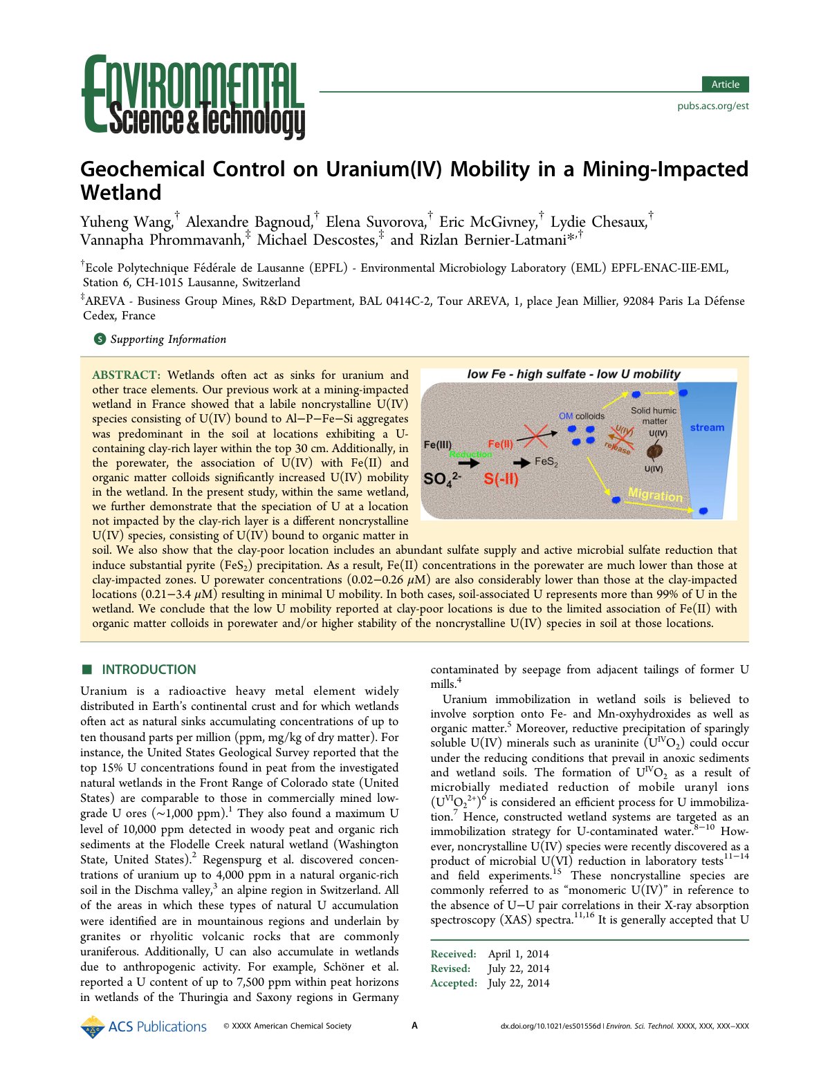 First page of Geochemical Control on Uranium(IV) Mobility in a Mining-Impacted Wetland