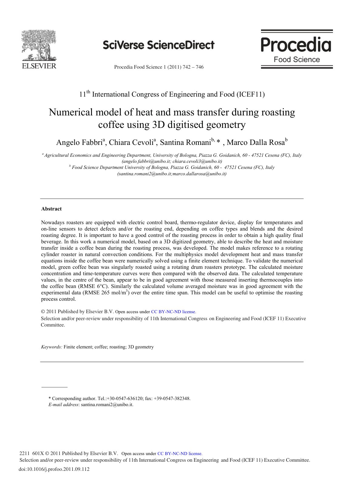 First page of Numerical model of heat and mass transfer during roasting coffee using 3D digitised geometry