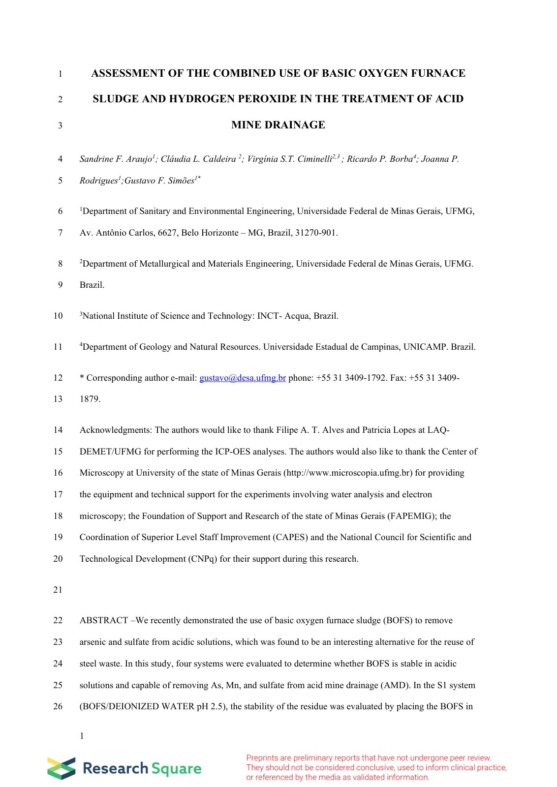First page of ASSESSMENT OF THE COMBINED USE OF BASIC OXYGEN FURNACE SLUDGE AND HYDROGEN PEROXIDE IN THE TREATMENT OF ACID MINE DRAINAGE