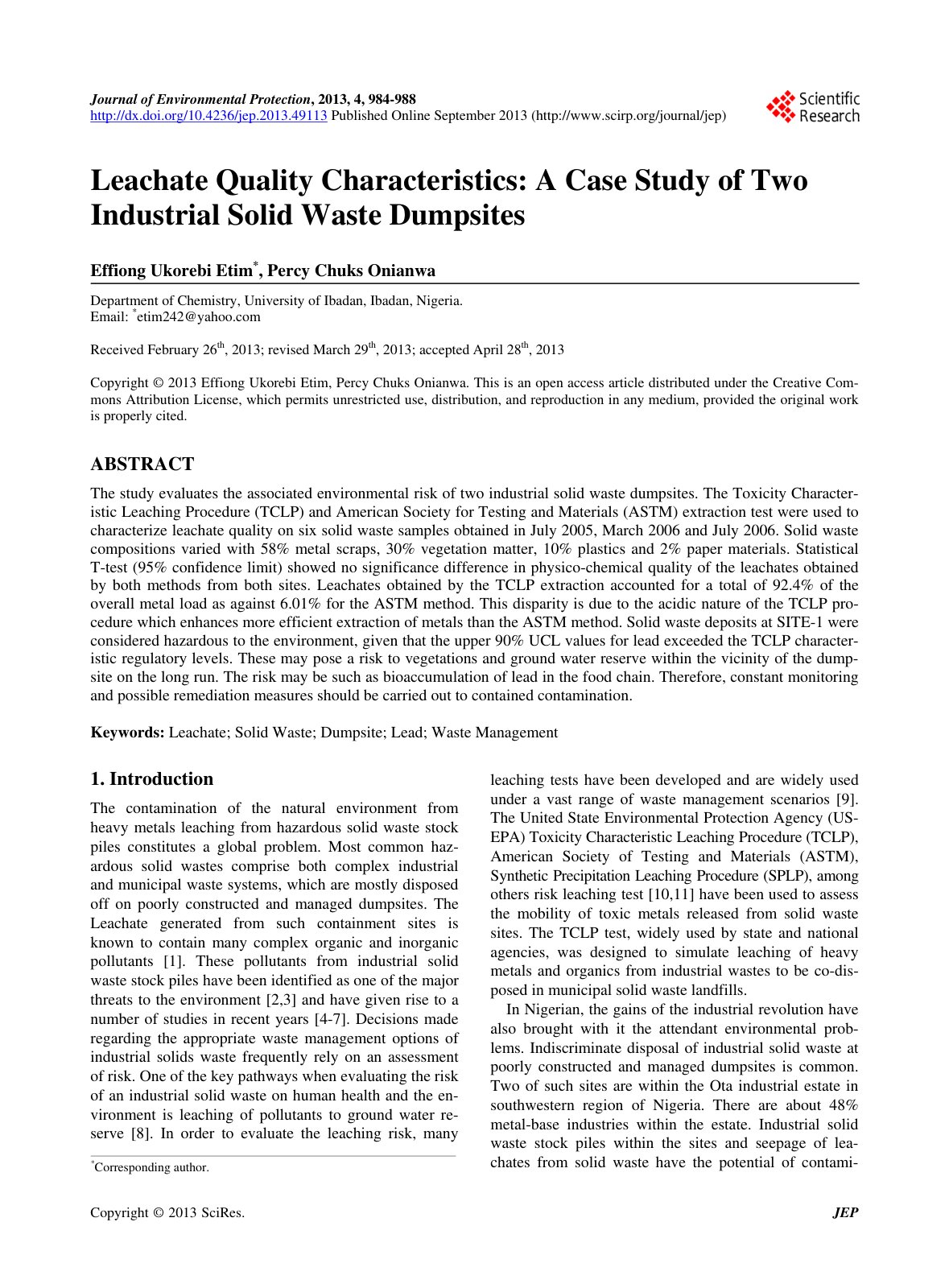 First page of Leachate Quality Characteristics: A Case Study of Two Industrial Solid Waste Dumpsites