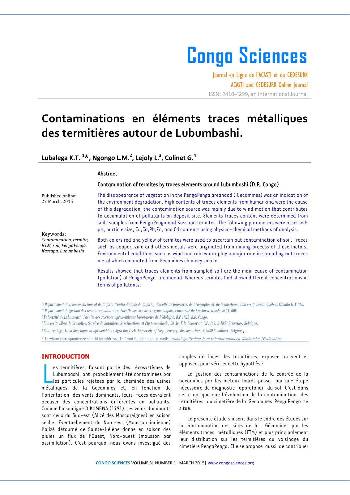 First page of Contaminations en elements traces metall