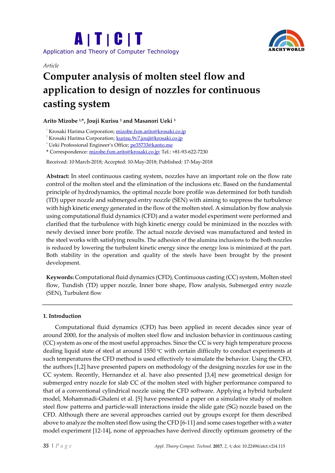 First page of Computer analysis of molten steel flow a