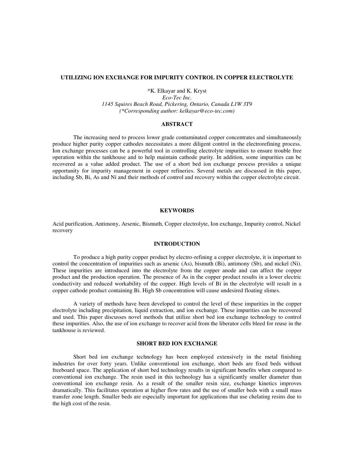 First page of UTILIZING ION EXCHANGE FOR IMPURITY CONTROL IN COPPER ELECTROLYTE