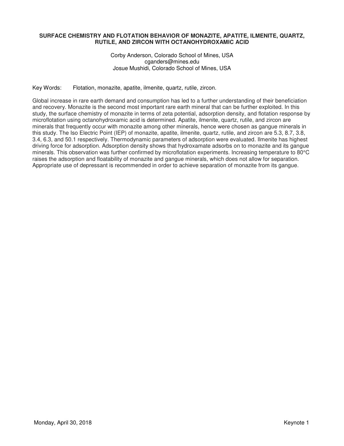 First page of Surface Chemistry and Flotation Behavior