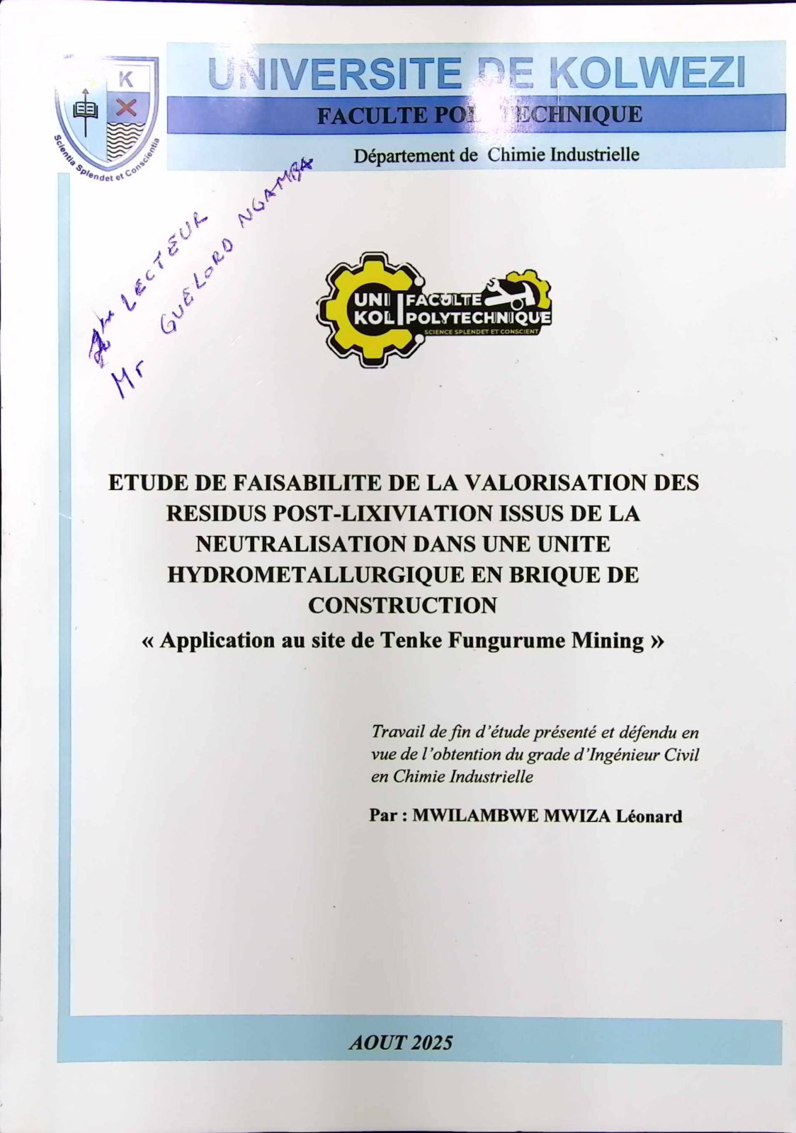 First page of ETUDE DE FAISABILITE DE LA VALORISATION DES RESIDUS POST-LIXIVIATION ISSUS DE LA NEUTRALISATION DANS UNE UNITE HYDROMETALLURGIQUE EN BRIQUE DE CONSTRUCTION
