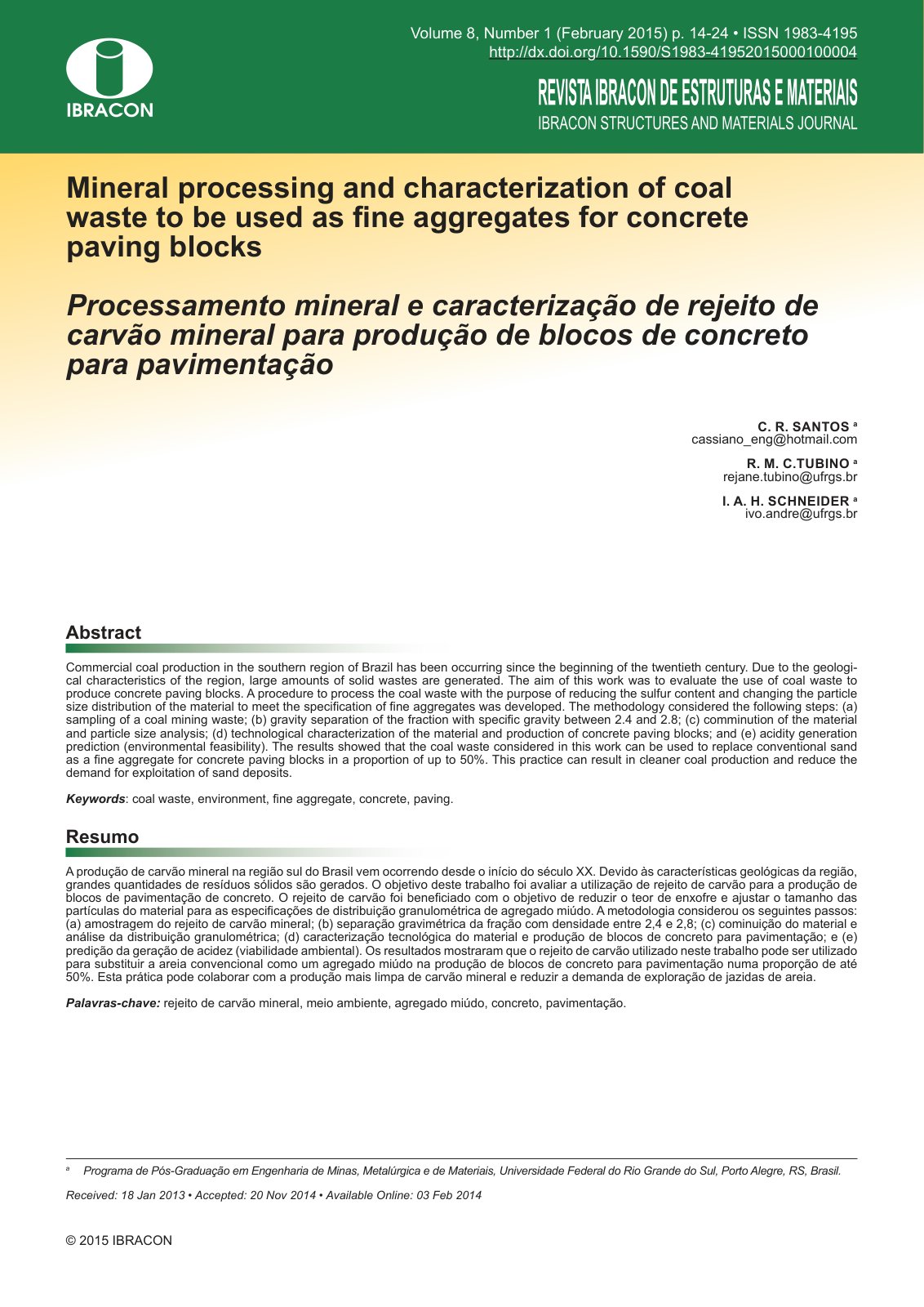 First page of Mineral processing and characterization