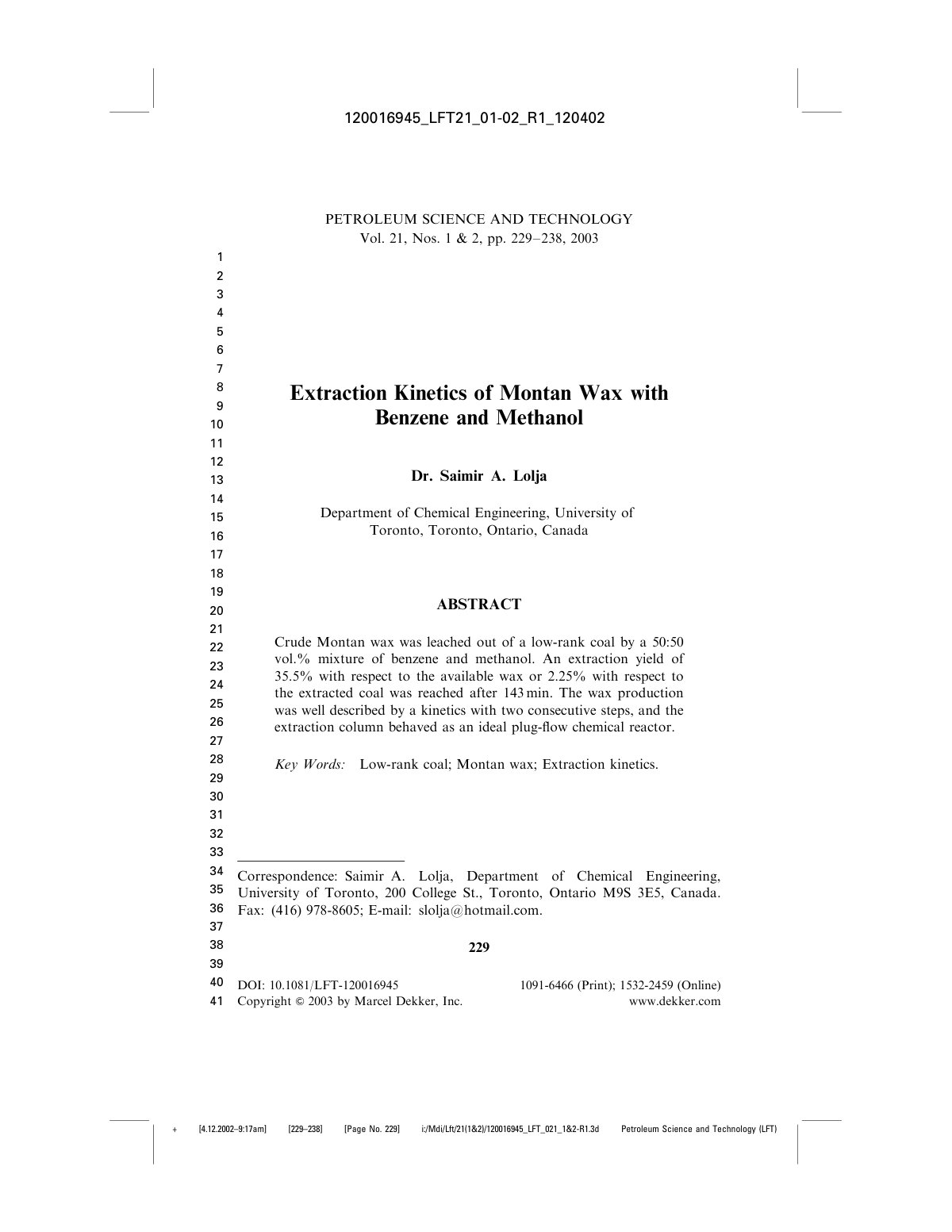 First page of Extraction kinetics of Montan wax with b