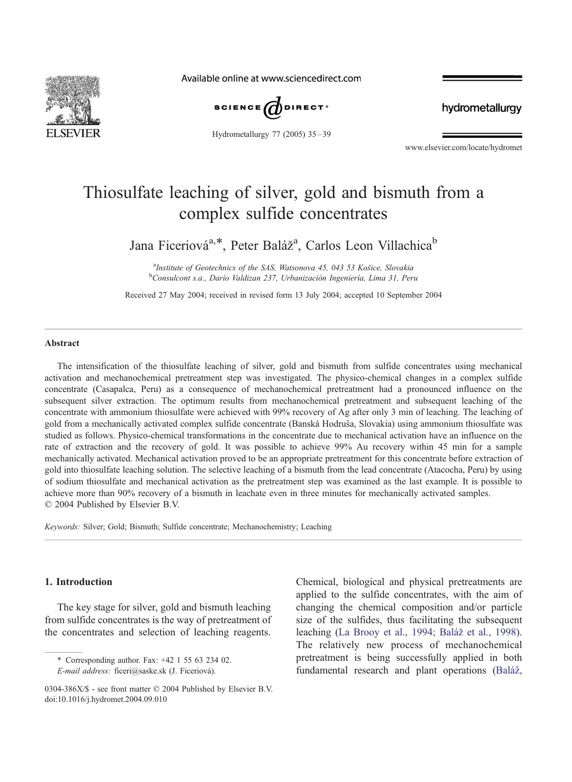 First page of Thiosulfate leaching of silver gold and