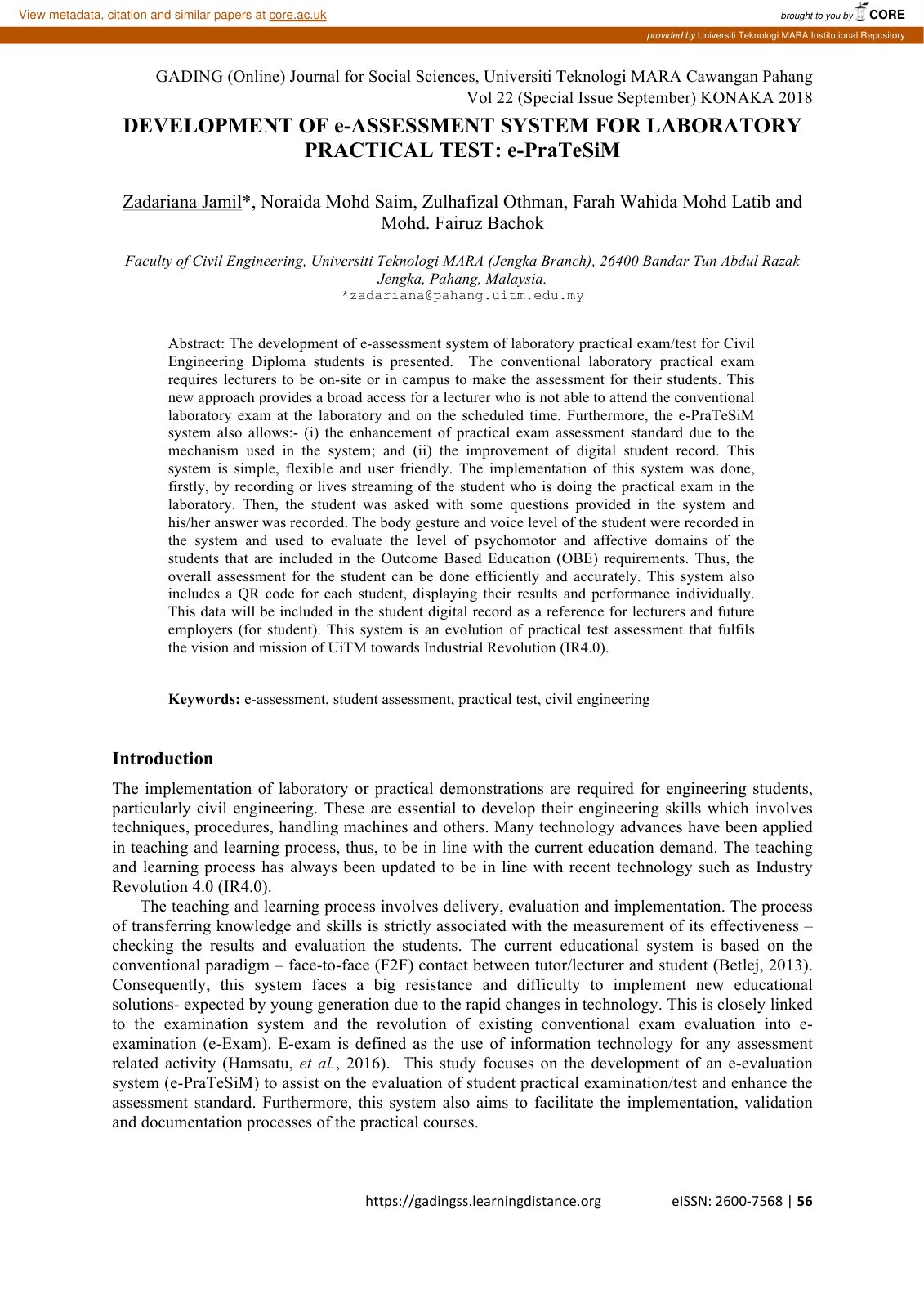 First page of DEVELOPMENT OF e-ASSESSMENT SYSTEM FOR LABORATORY PRACTICAL TEST: e-PraTeSiM