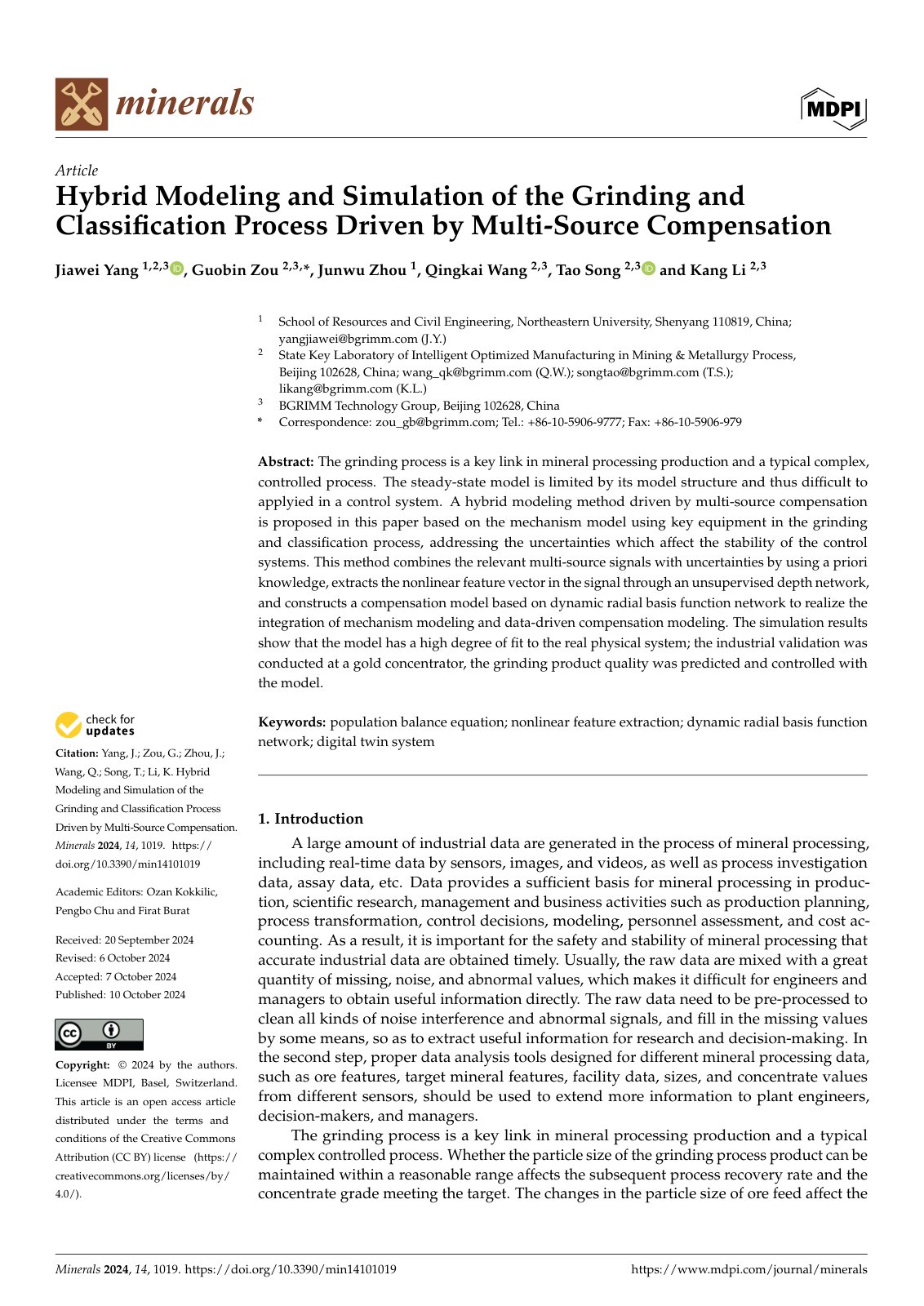 First page of Hybrid Modeling and Simulation of the Grinding and Classification Process Driven by Multi-Source Compensation